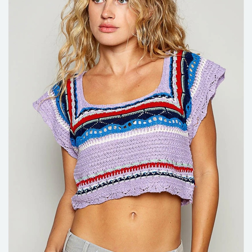 POL Openwork Ethnic Pattern Square Neck Cropped Knit Top NWOT Large